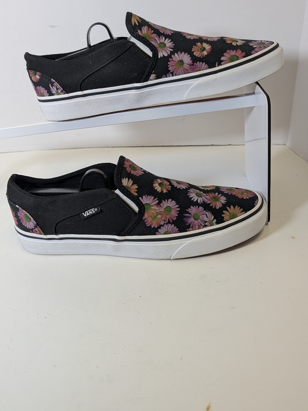Vans Black Slip-On Sneakers with Pink & Yellow Daisy Pattern